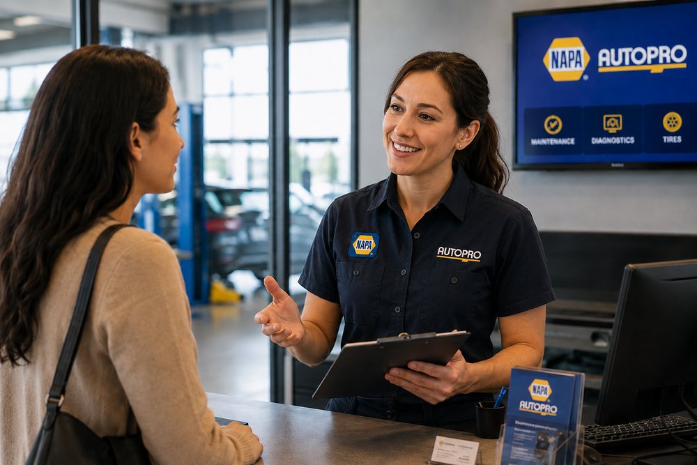 POCO NAPA AUTOPRO service advisor explaining a brake fluid service to a customer at the Port Coquitlam shop