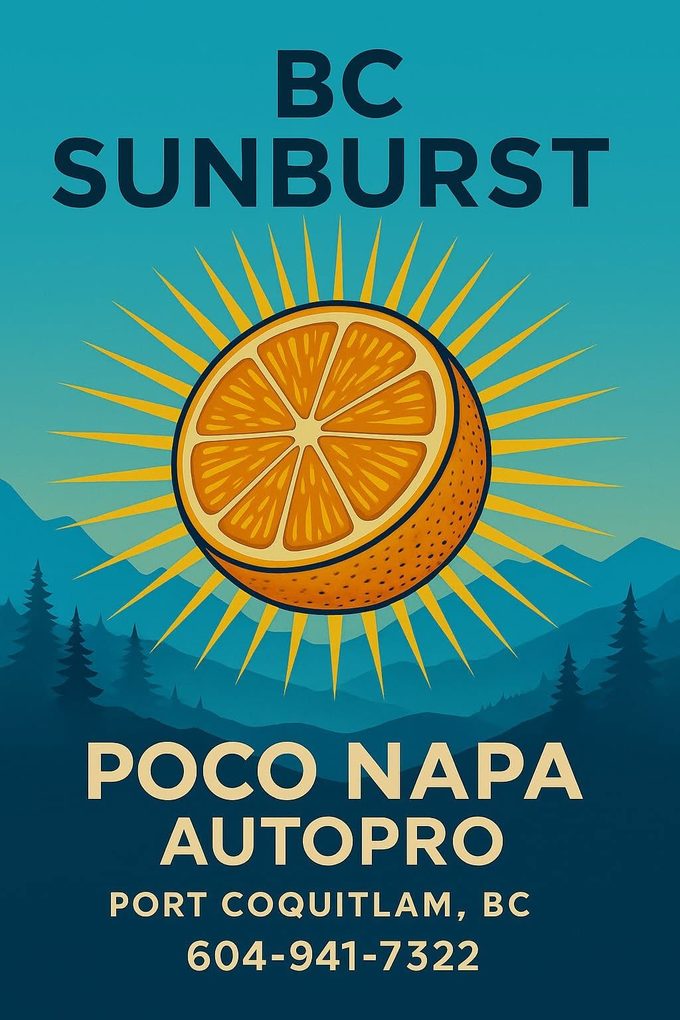 BC Sunburst air freshener label — an orange slice as a sunburst over BC mountains