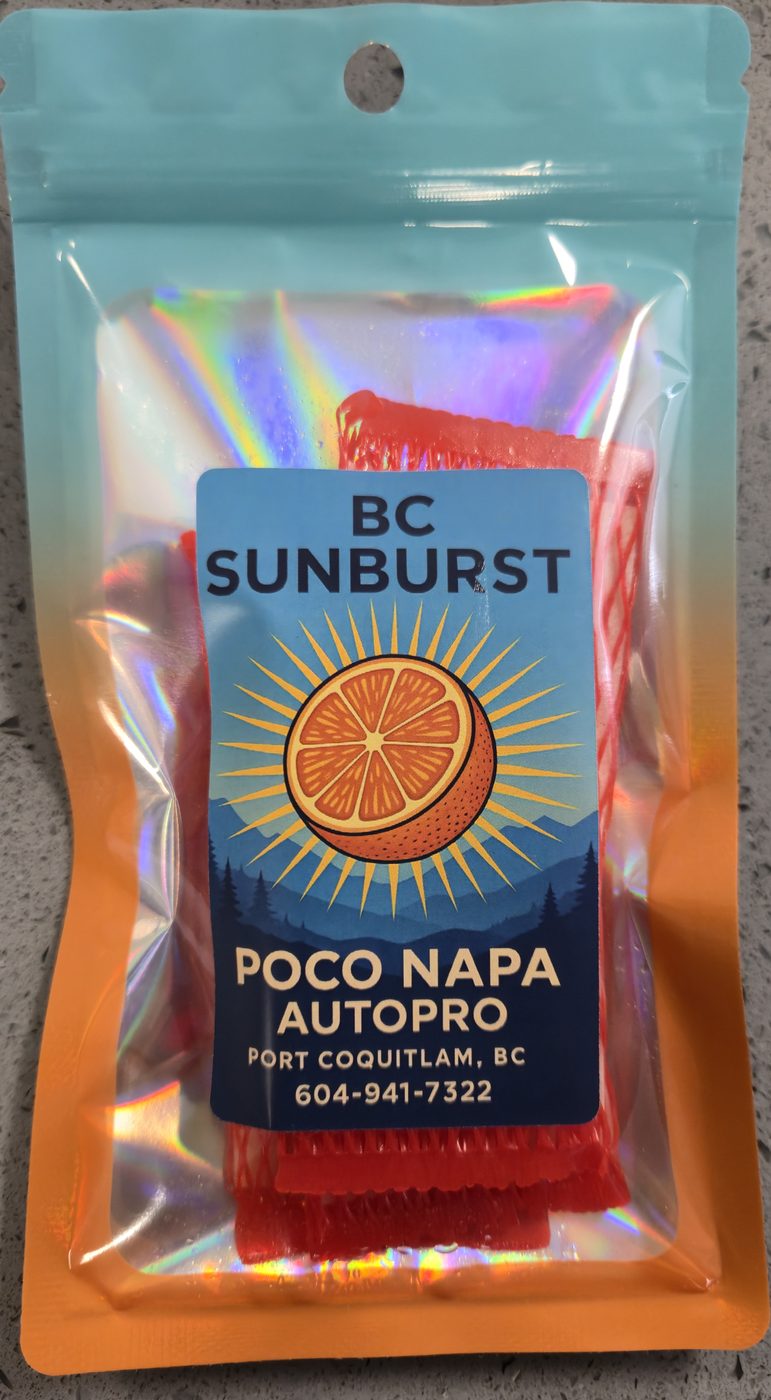 A sealed pack of five BC Sunburst vent air fresheners in a teal and orange pouch