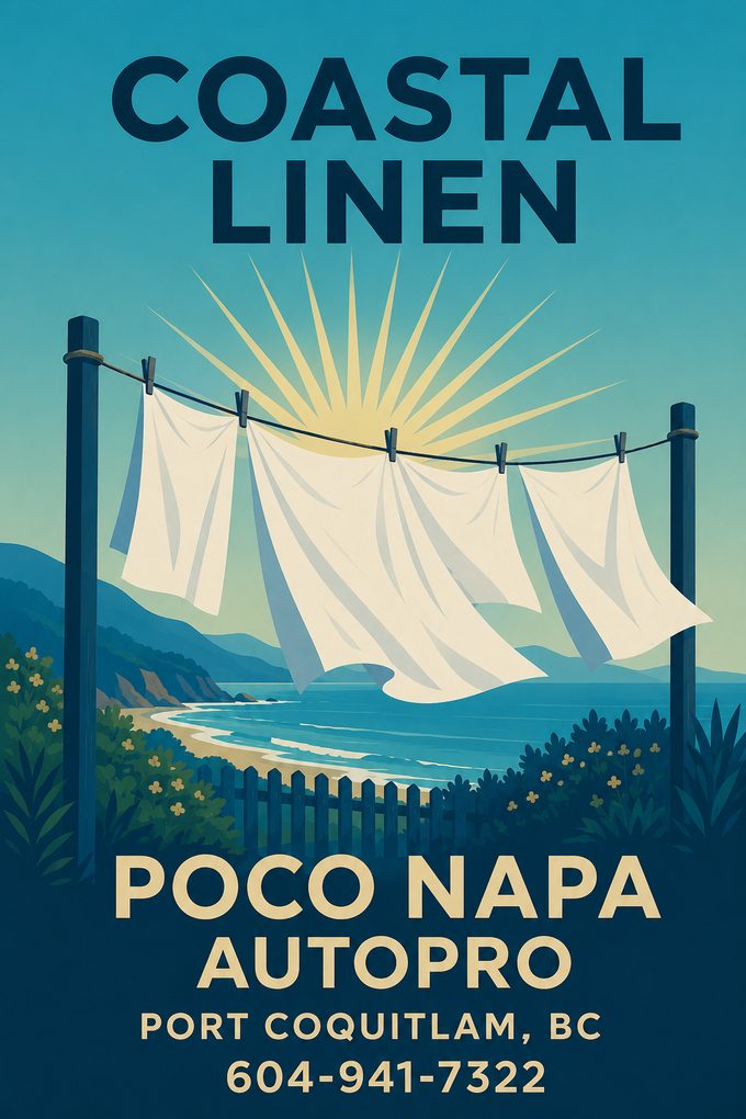 Coastal Linen air freshener label — linen drying on a line above a BC coastline