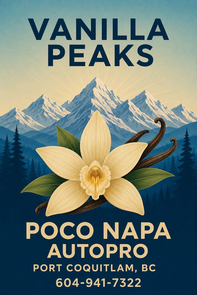 Vanilla Peaks air freshener label — a vanilla orchid against snow-capped BC mountains