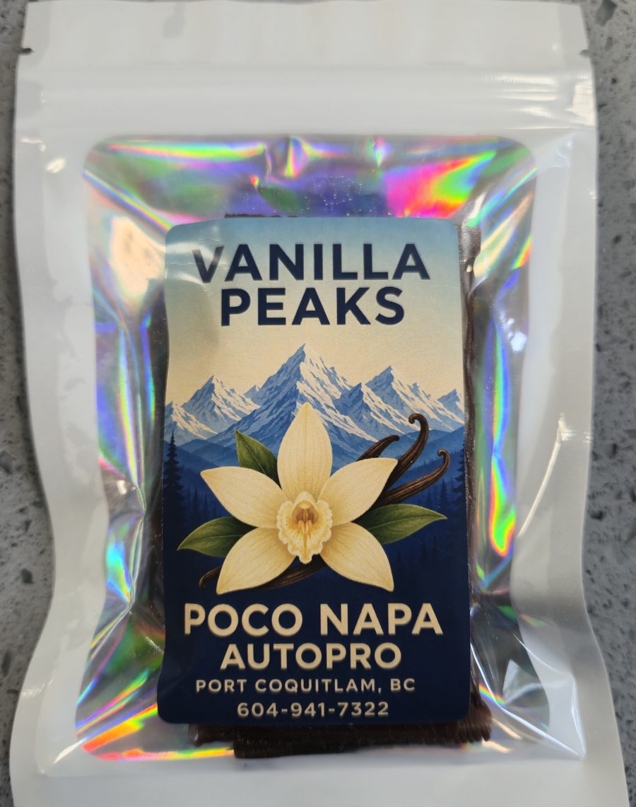 A sealed pack of five Vanilla Peaks vent air fresheners in a white pouch