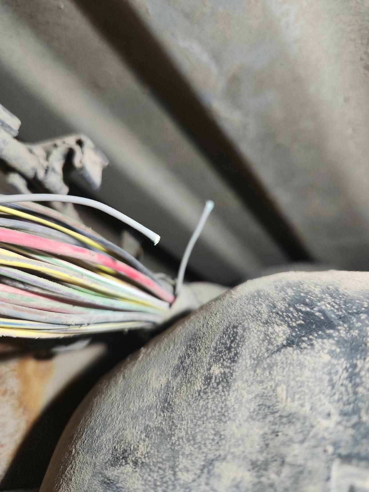 A single broken wire separated from a vehicle wiring harness underneath the vehicle, next to the fuel tank