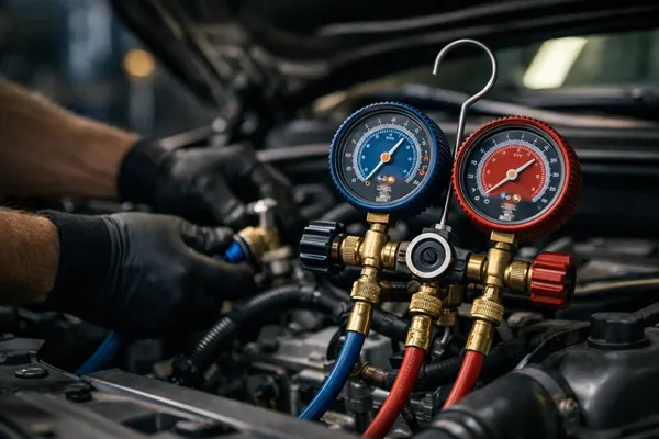 Manifold gauges connected to a vehicle air conditioning system