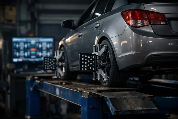 Car on a wheel alignment rack with sensor clamps on the wheels