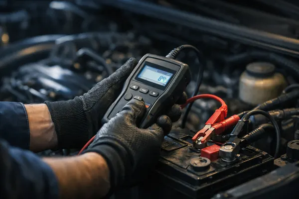Technician testing a car battery with a digital battery tester