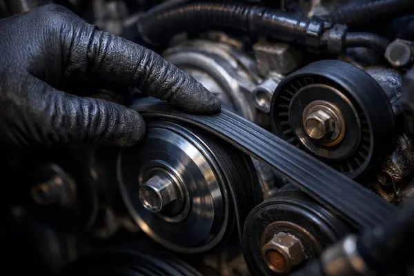 Technician checking serpentine belt tension on an engine