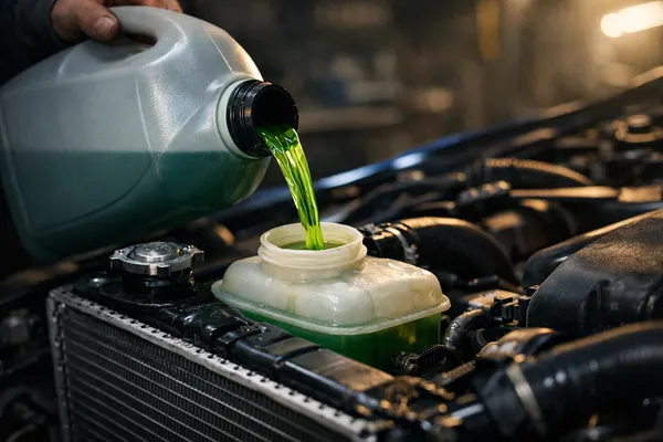 Fresh coolant being poured into a car radiator reservoir