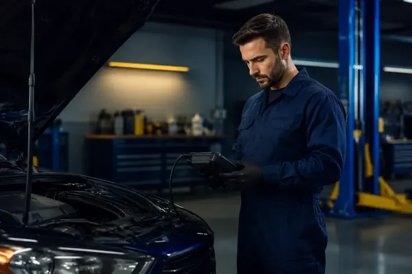 Technician running computer diagnostics on a vehicle with the hood open
