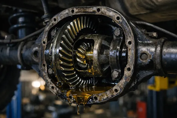 Rear differential with the cover removed showing the ring and pinion gears