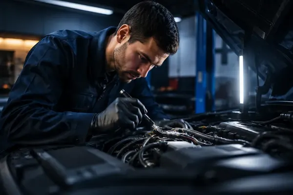 Technician tracing a wiring fault in an engine bay