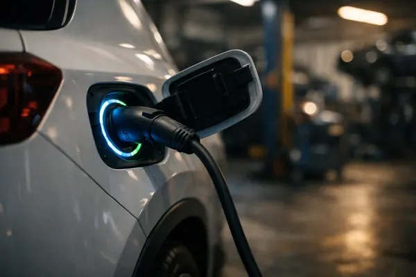 Electric vehicle plugged into a charger inside the service bay