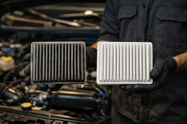 Dirty engine air filter held next to a new one