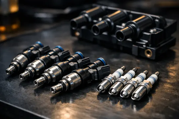 New fuel injectors and spark plugs on a workbench