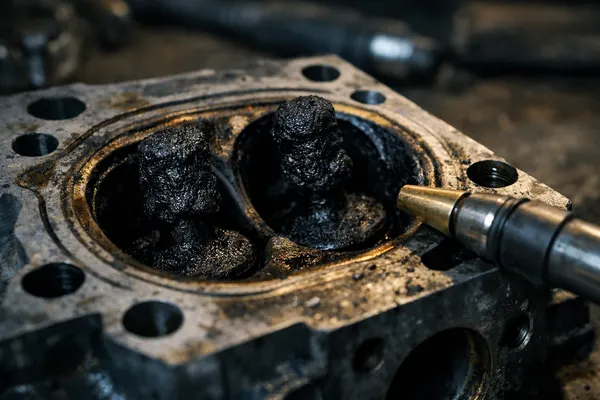 Intake valves coated in carbon buildup from a gasoline direct injection engine