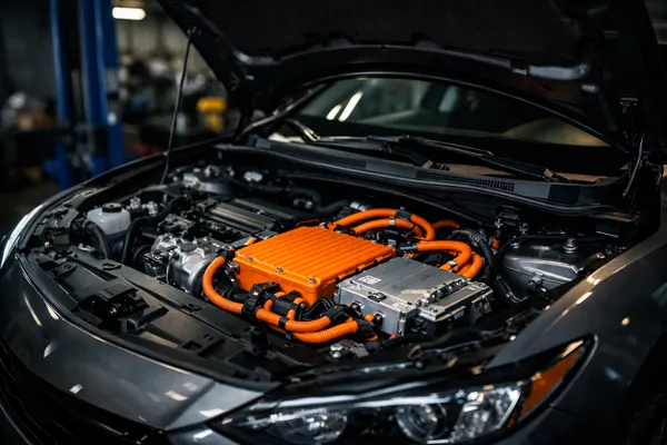 Hybrid vehicle in a service bay with orange high-voltage cables visible