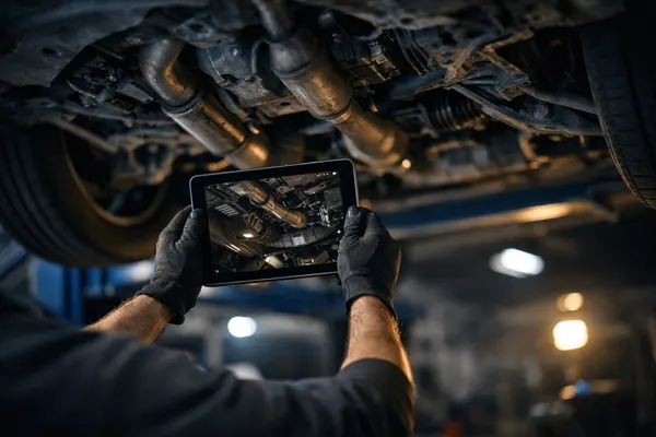 Technician photographing a vehicle with a tablet during a digital inspection