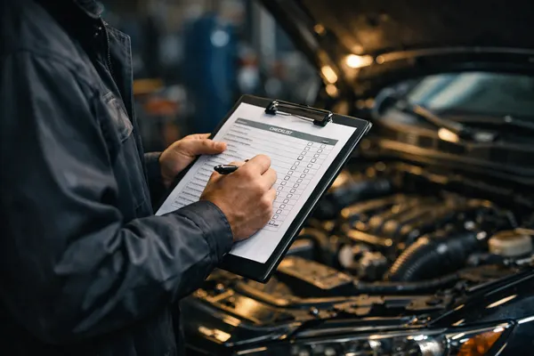 Technician working through a printed maintenance checklist beside a car