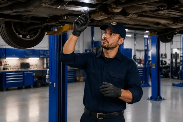 Technician inspecting under a vehicle during an oil change at POCO NAPA AUTOPRO in Port Coquitlam