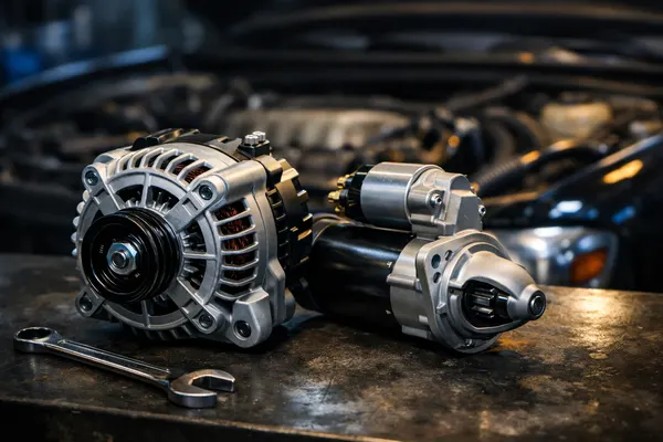 New alternator and starter motor on a workbench