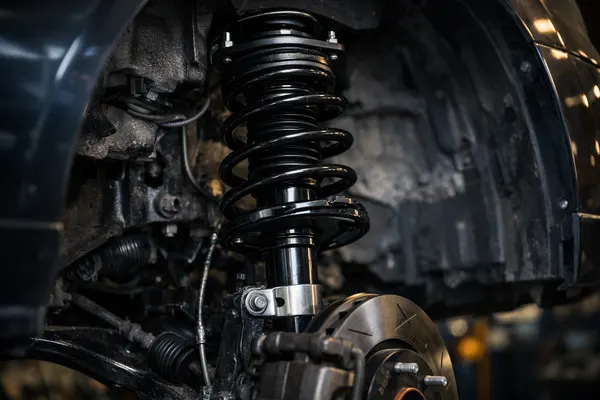 New strut and coil spring assembly installed on a car