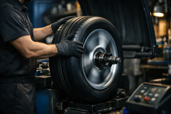Tire being mounted on a wheel balancing machine