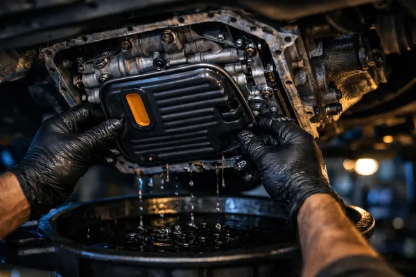 Automatic transmission with the pan removed for a fluid and filter service