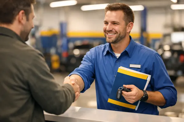 Service advisor handing keys and warranty paperwork to a customer at POCO NAPA AUTOPRO